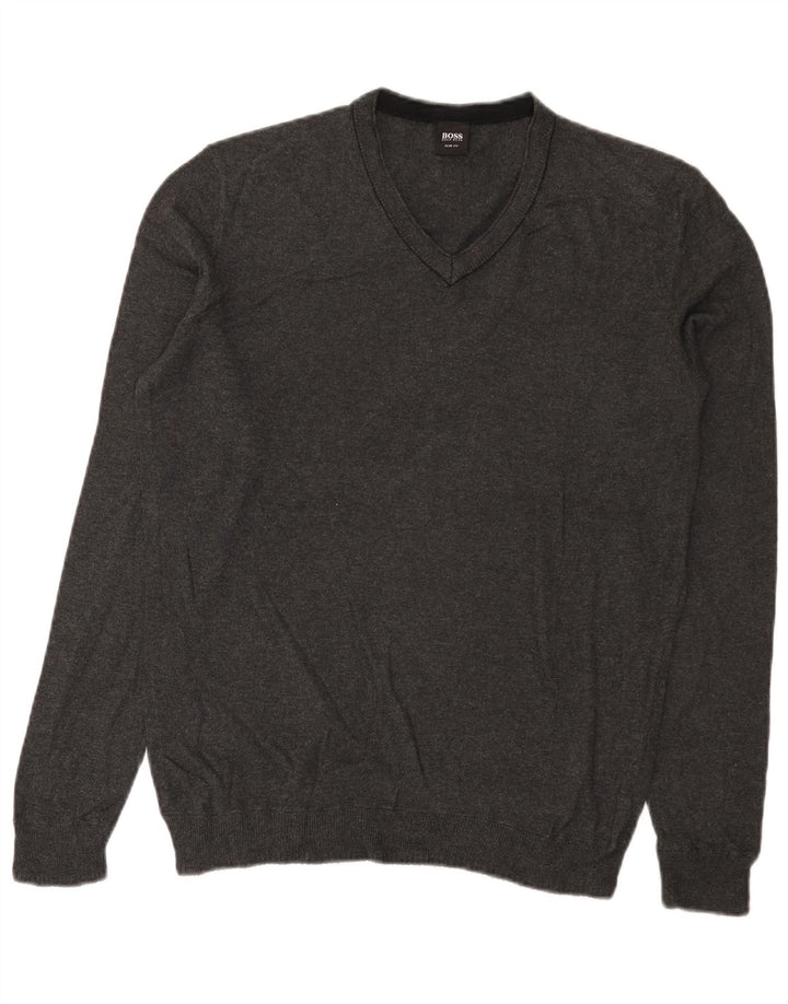 Męski sweter Hugo Boss Slim Fit z dekoltem w kształcie litery V, średnioszary, bawełniany