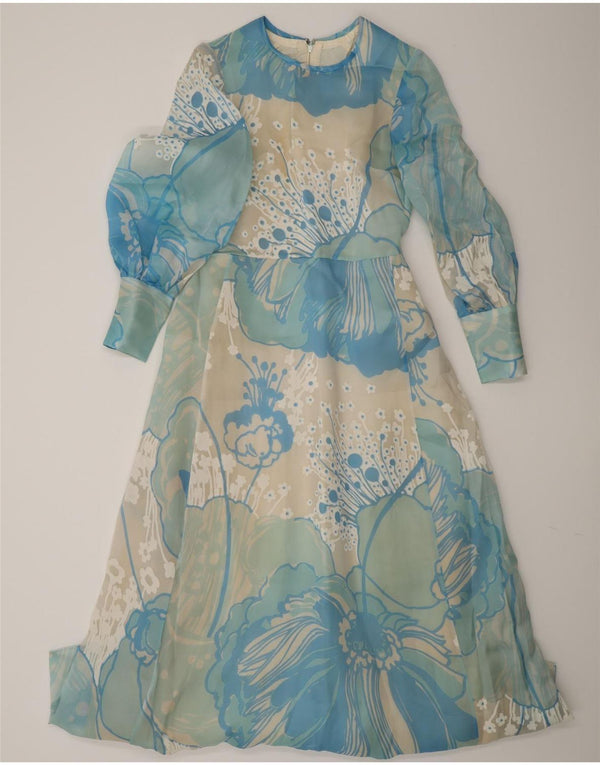 Damska sukienka maxi z długim rękawem w stylu vintage UK 12 Średni niebieski w kwiaty