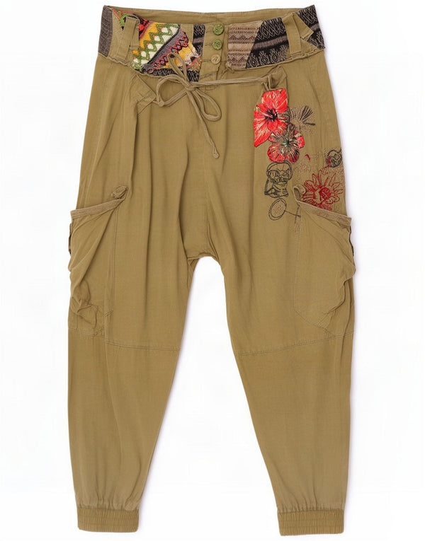 Damskie spodnie haremowe z grafiką Desigual W26 L24 Khaki, bawełna w kwiaty