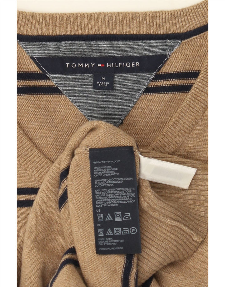 TOMMY HILFIGER Mens V-Neck Jumper Sweater Medium Brown Striped Cotton Vintage Tommy Hilfiger and Second-Hand Tommy Hilfiger from Messina Hembry 