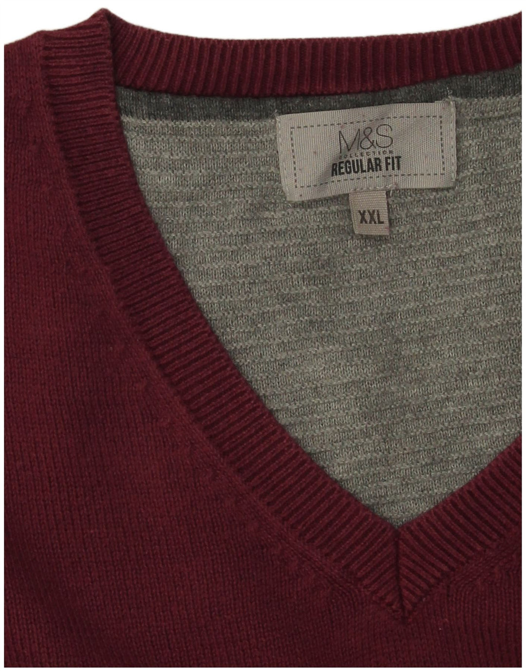 Marks & Spencer Męski sweter o regularnym kroju z dekoltem w kształcie litery V, 2XL, bordowa bawełna