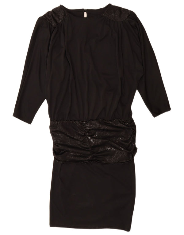 Vintage damska sukienka z długim rękawem i obniżoną talią UK 14, duży czarny nadruk zwierzęcy