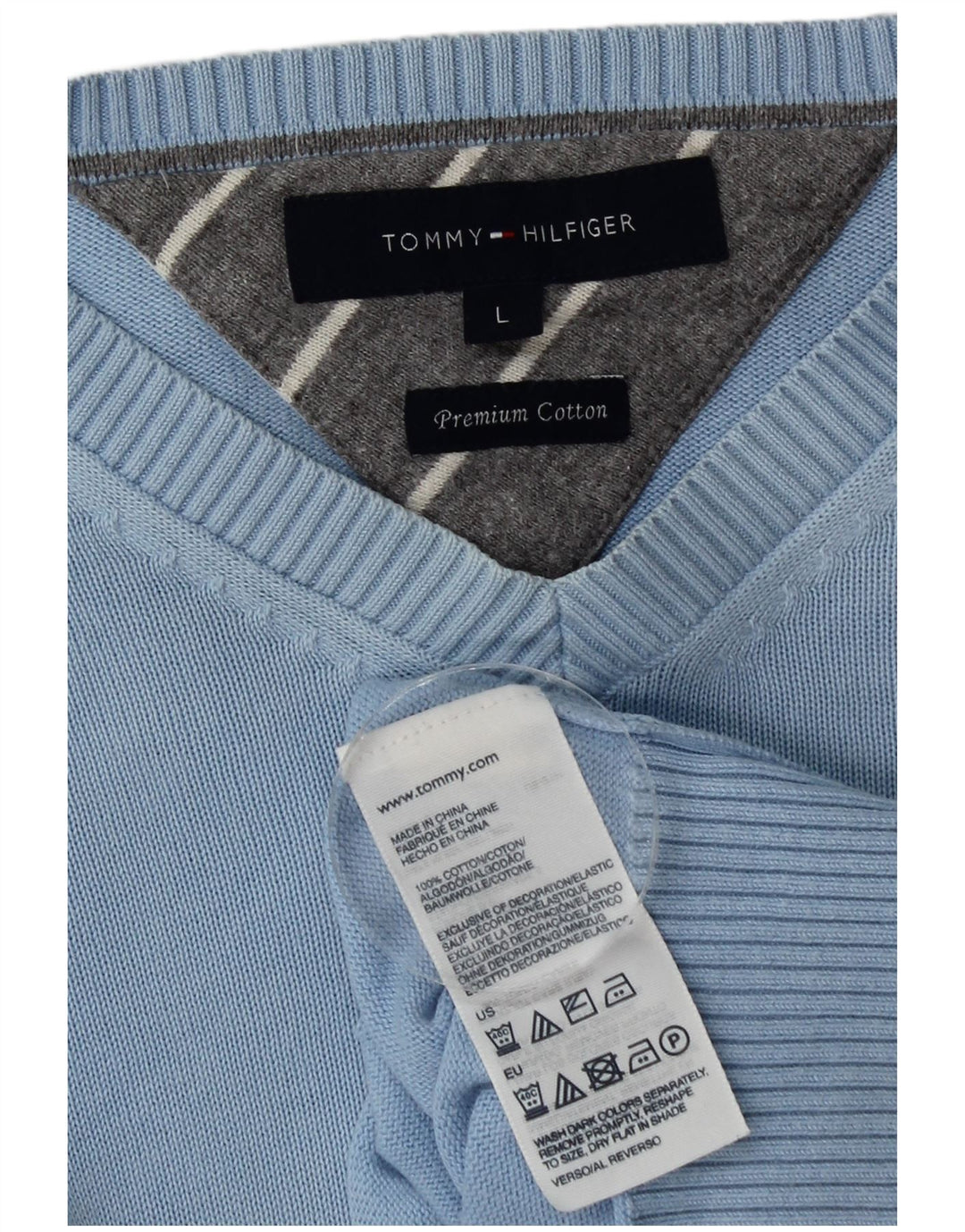 Męski sweter Tommy Hilfiger z dekoltem w kształcie litery V, duży, niebieski, bawełniany