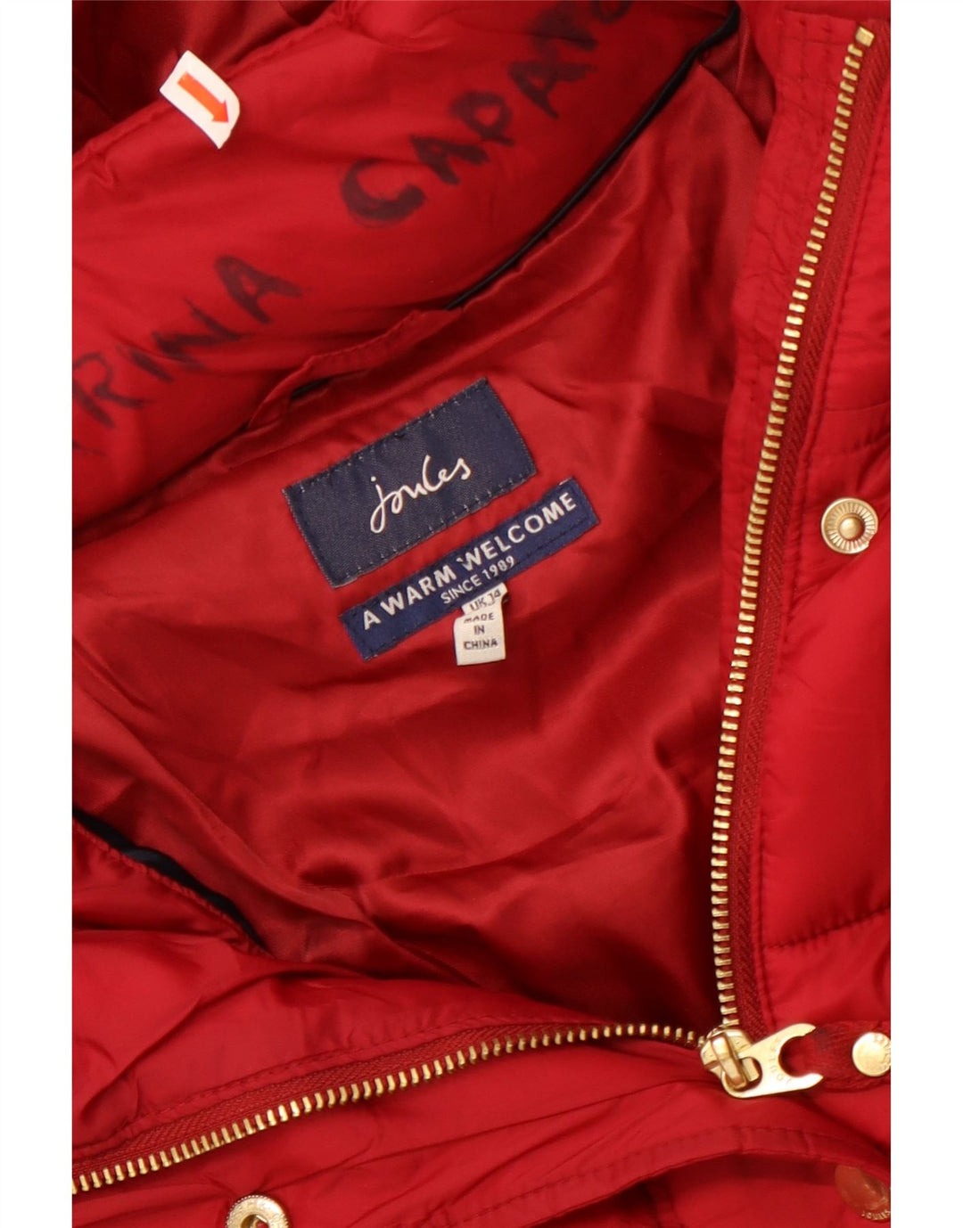 Damski ocieplany płaszcz z kapturem Joules UK 14, duży, czerwony poliamid