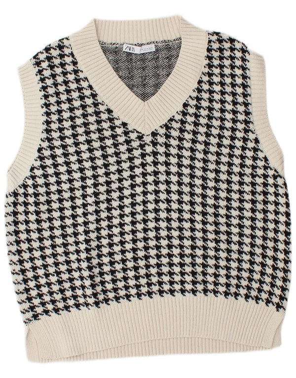 Damski podkoszulek z kamizelką oversize Zara UK 14, średnia biała bawełna w pepitkę