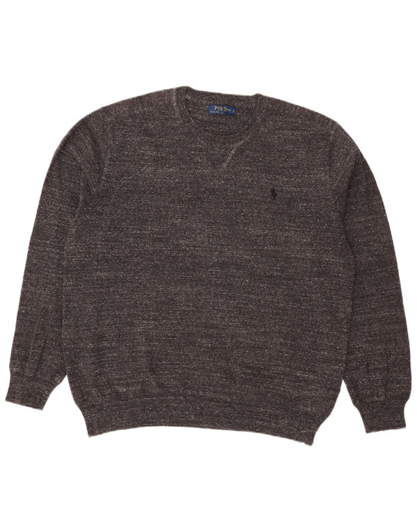Męski sweter Polo Ralph Lauren z okrągłym dekoltem, duży, szary, z bawełny w plamki