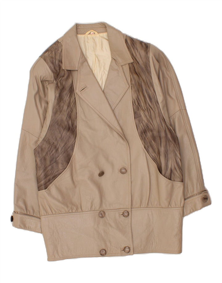 VINTAGE Womens Leather Jacket UK 14 Medium Beige Colourblock Leather Vintage Vintage and Second-Hand Vintage from Messina Hembry 