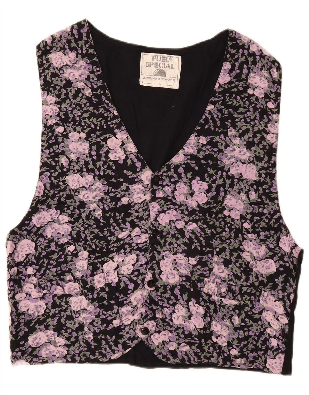 VINTAGE Męska kamizelka IT 52/54 Duża czarna wiskoza w kwiaty