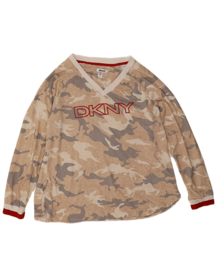 Damski top graficzny Dkny z długim rękawem, UK 16, duży, beżowy, kamuflażowy poliester