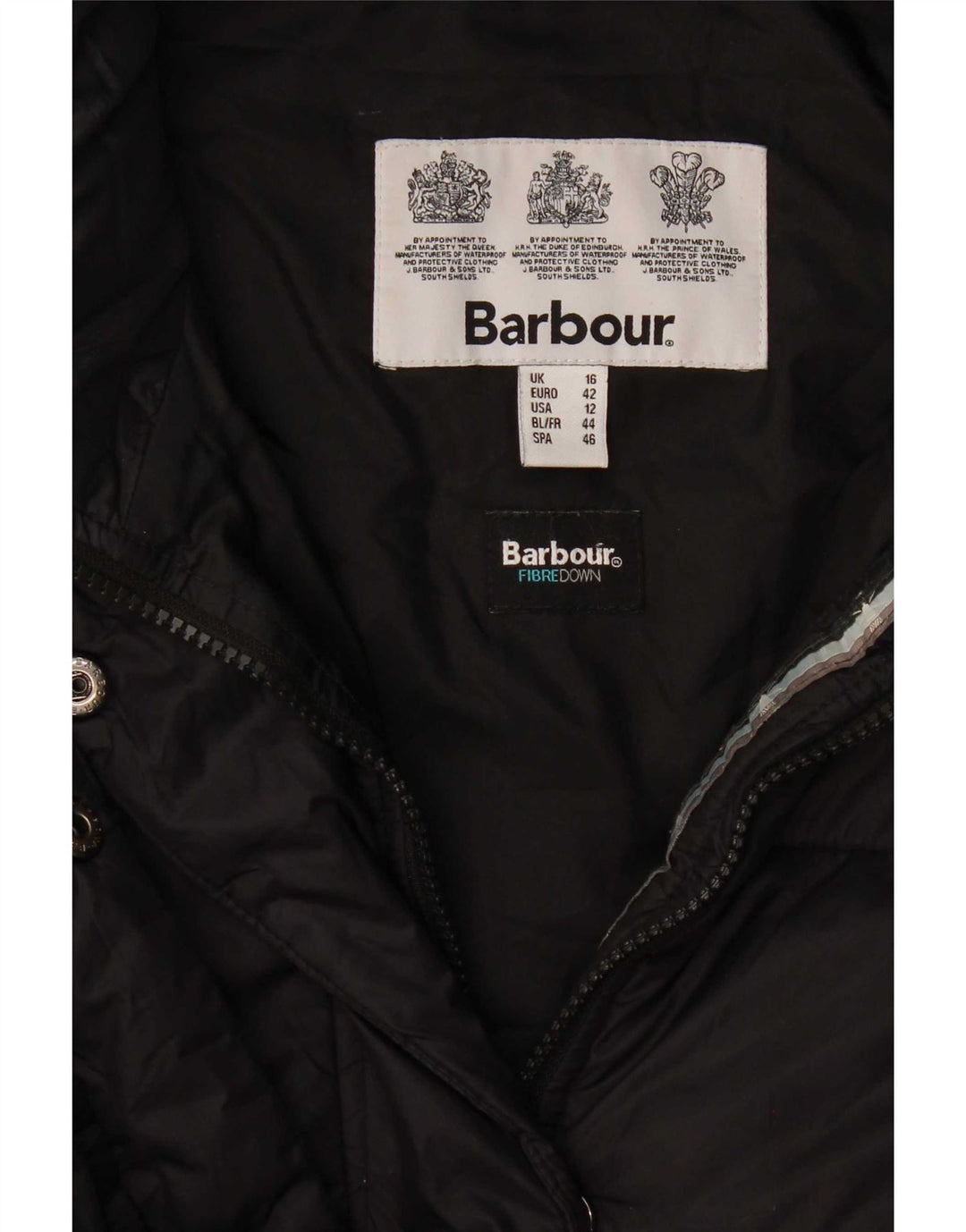 Damski płaszcz ocieplany Barbour UK 16, duży, czarny