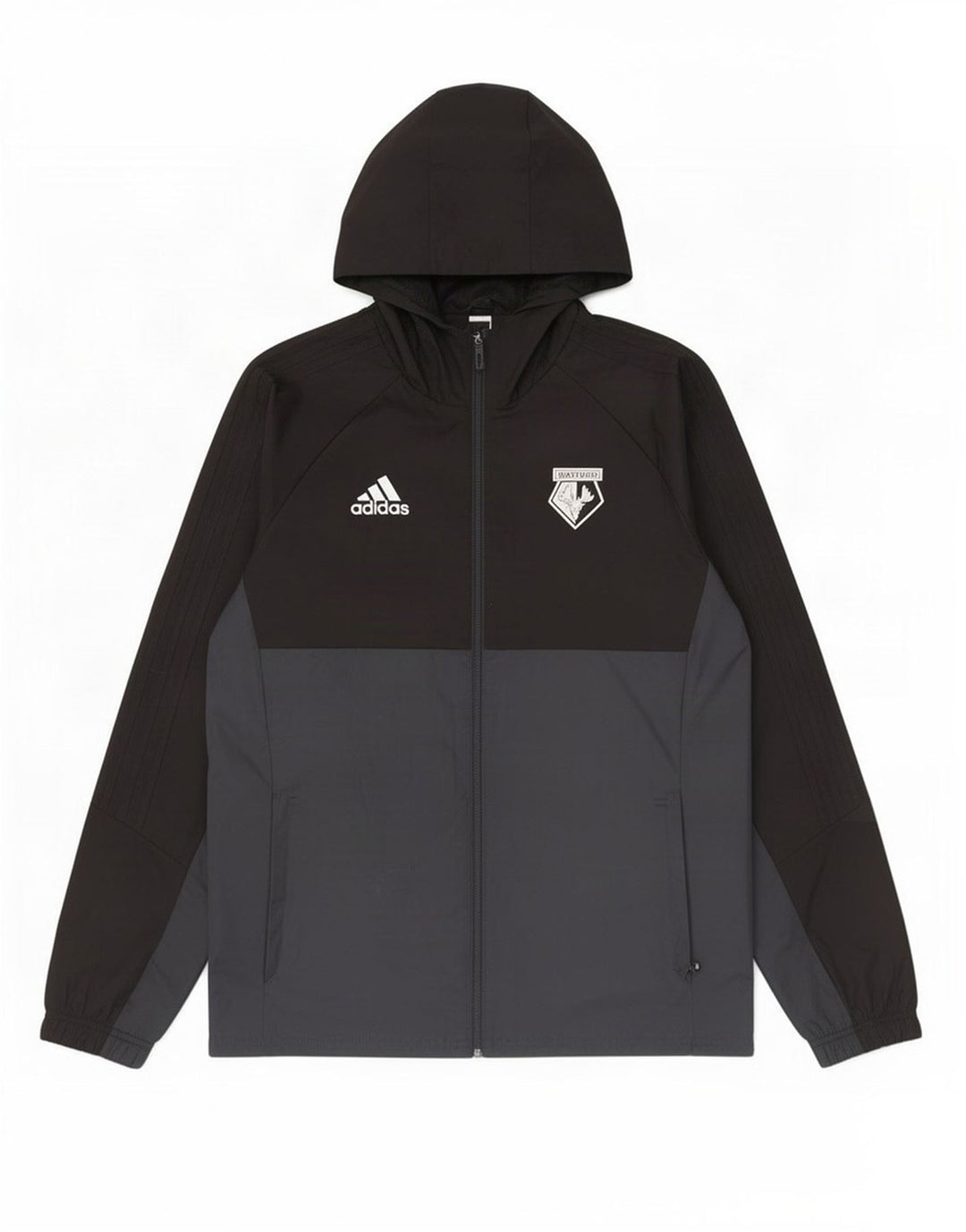 Męska kurtka przeciwdeszczowa Adidas z kapturem UK 40, duży czarny poliester z blokami kolorów