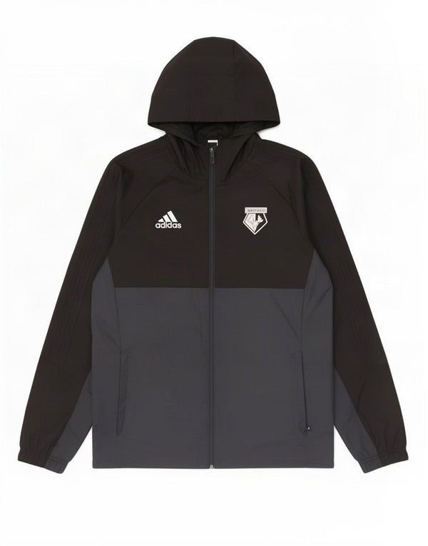 Męska kurtka przeciwdeszczowa Adidas z kapturem UK 40, duży czarny poliester z blokami kolorów