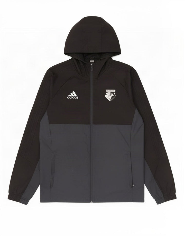 Męska kurtka przeciwdeszczowa Adidas z kapturem UK 40, duży czarny poliester z blokami kolorów
