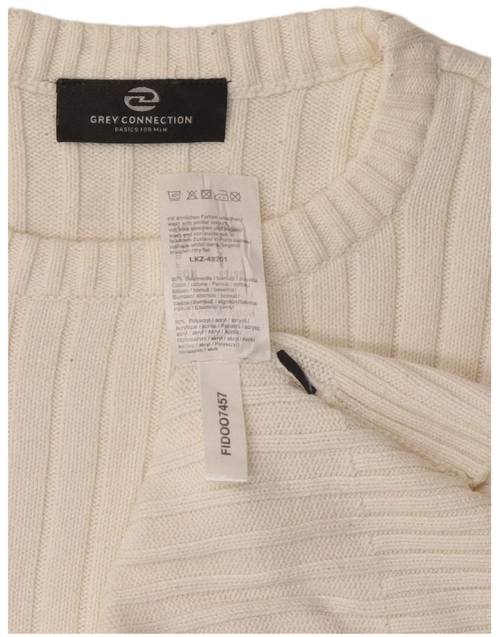 Vintage męski sweter z wycięciem pod szyją, mały, biały, bawełniany