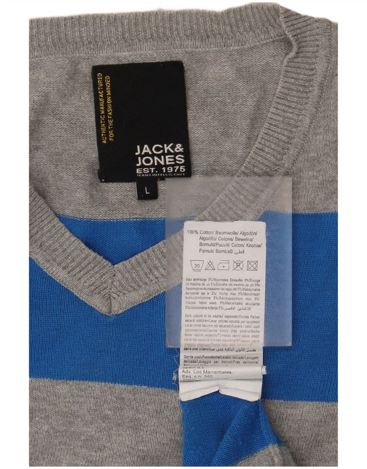 Męski sweter Jack & Jones z dekoltem w kształcie litery V, duży, szary, bawełniany w paski