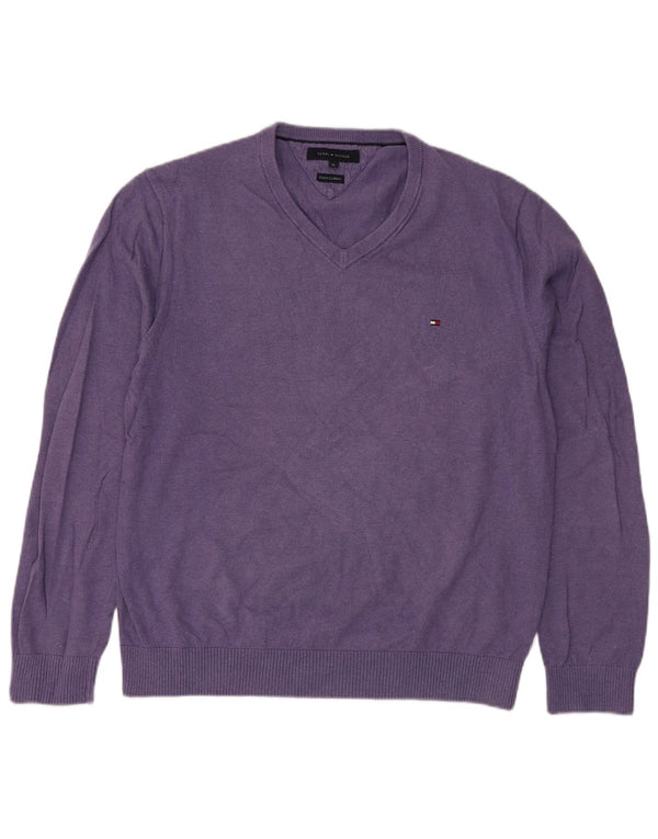 TOMMY HILFIGER Męski sweter z dekoltem w kształcie litery V XL, fioletowa bawełna