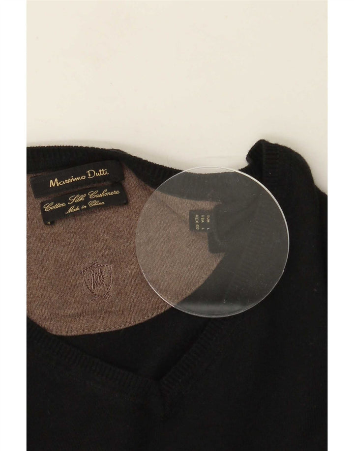 Męski sweter Massimo Dutti z dekoltem w kształcie litery V, duży, czarny, bawełniany