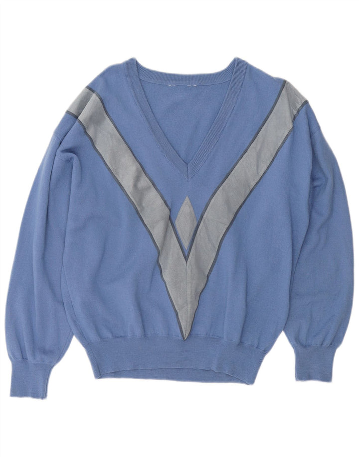 Vintage damski sweter oversize z dekoltem w kształcie litery V, UK 18 XL, niebieski, blok kolorów