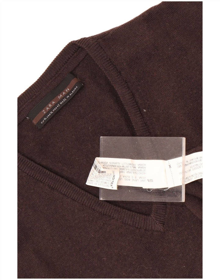 Męski sweter Zara z dekoltem w kształcie litery V, XL, brązowa wełna