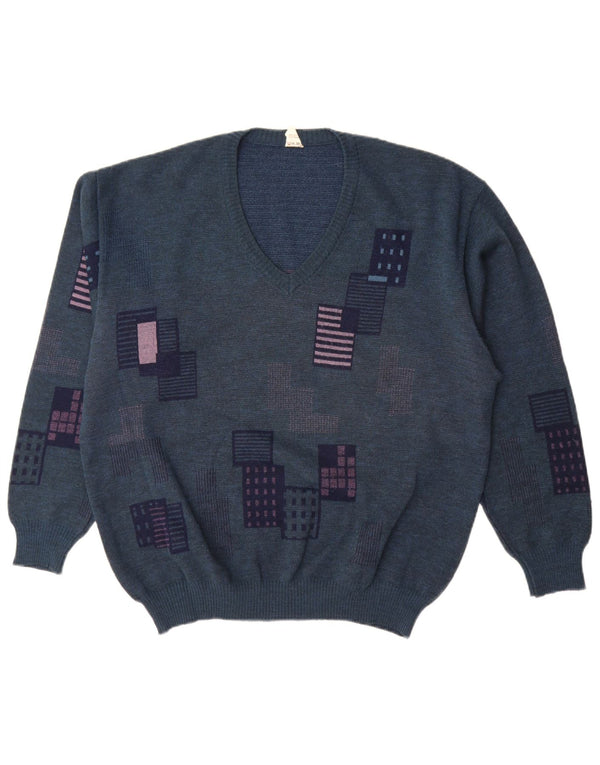 Sweter męski w stylu vintage z dekoltem w szpic IT 52, duży, granatowy, geometryczny