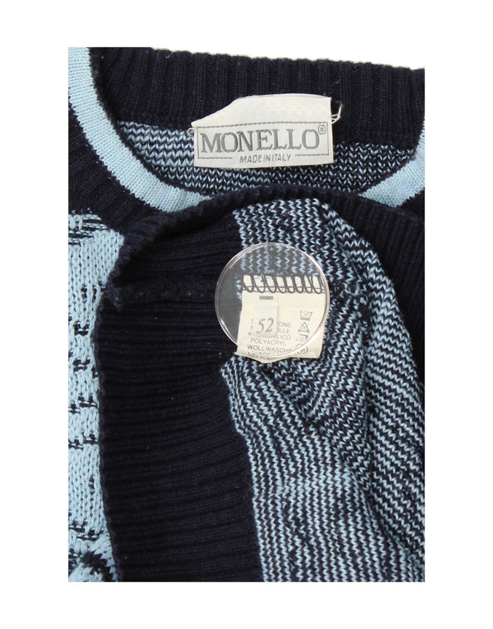 MONELLO Mens Crew Neck Jumper Sweater IT 52 Large Blue Fair Isle Cotton Vintage Monello and Second-Hand Monello from Messina Hembry 