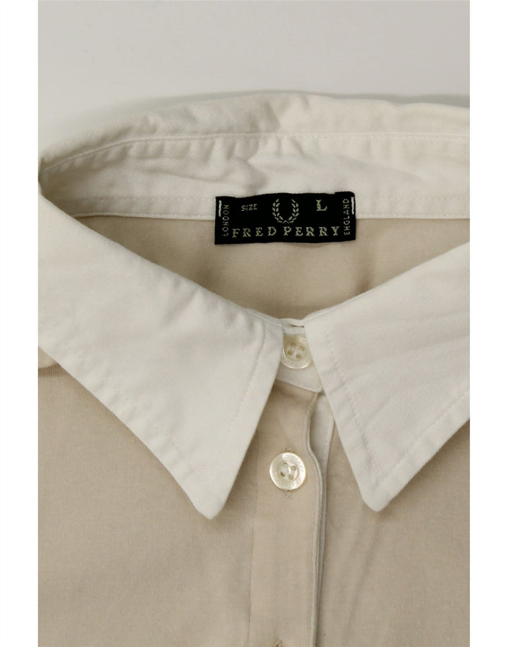 Damska koszula pulowerowa z rękawem 3/4 FRED PERRY UK 14, duża, beżowa, z blokami kolorów