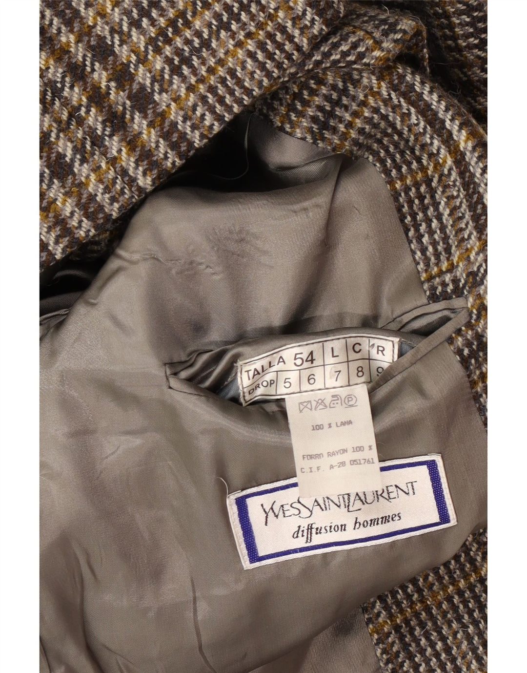 Męska marynarka zapinana na 2 guziki Yves Saint Laurent IT 54 2XL Szara wełniana kratka