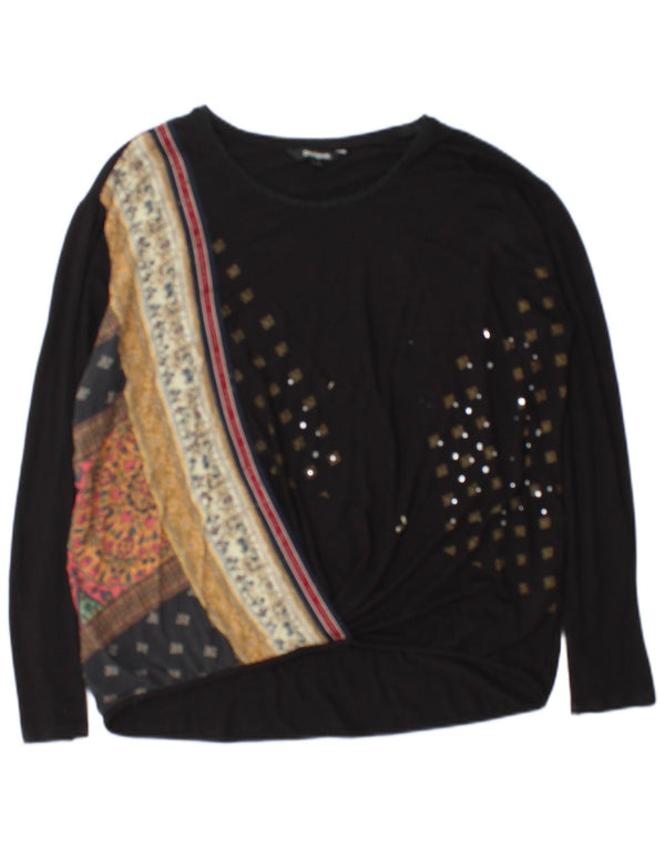 Desigual damski top z długim rękawem UK 14, średni czarny, w kwiaty, wiskoza