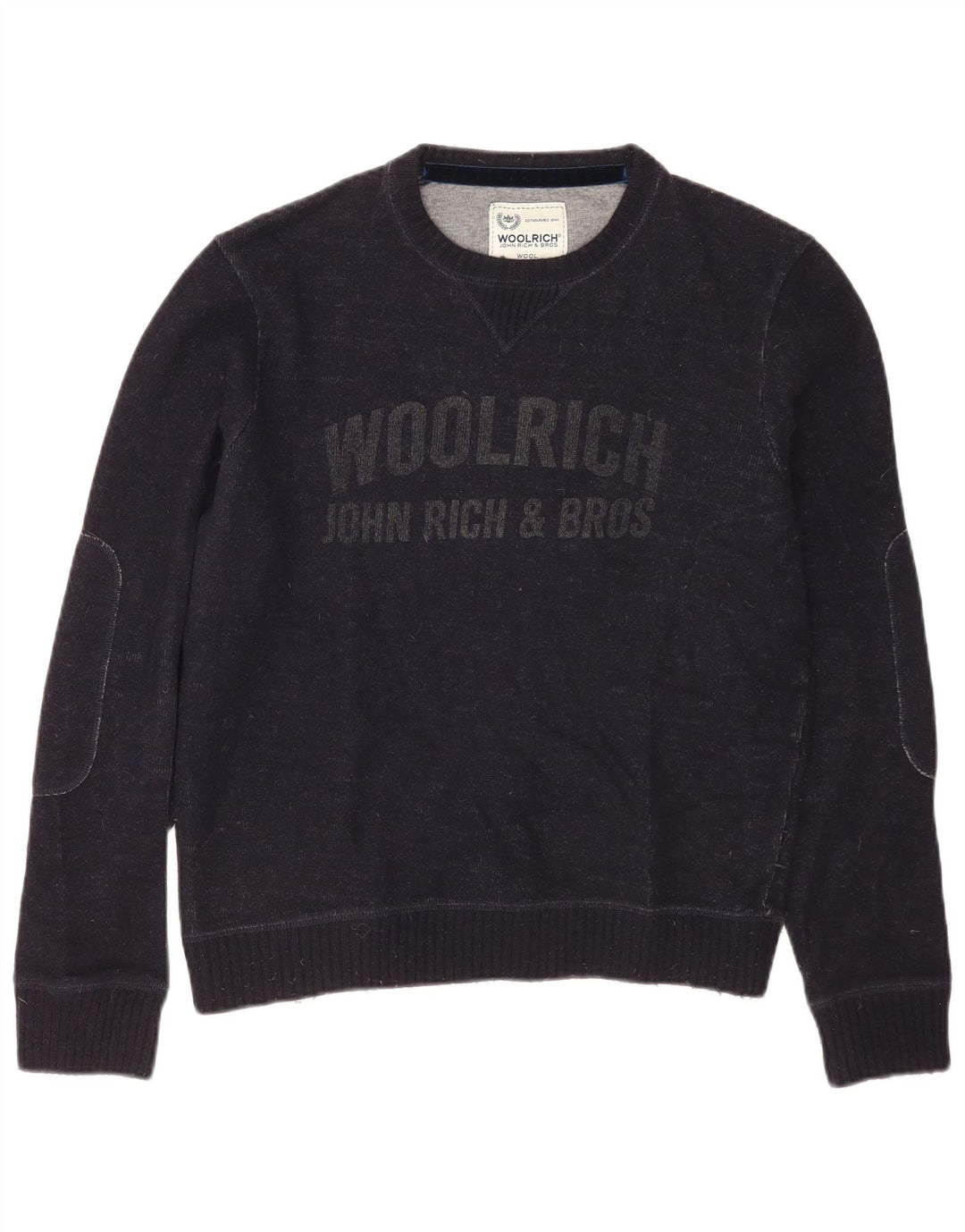 Męski sweter Woolrich z graficznym dekoltem w łódkę, średni granatowy wełniany