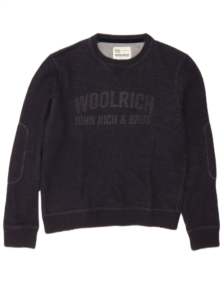 Męski sweter Woolrich z graficznym dekoltem w łódkę, średni granatowy wełniany