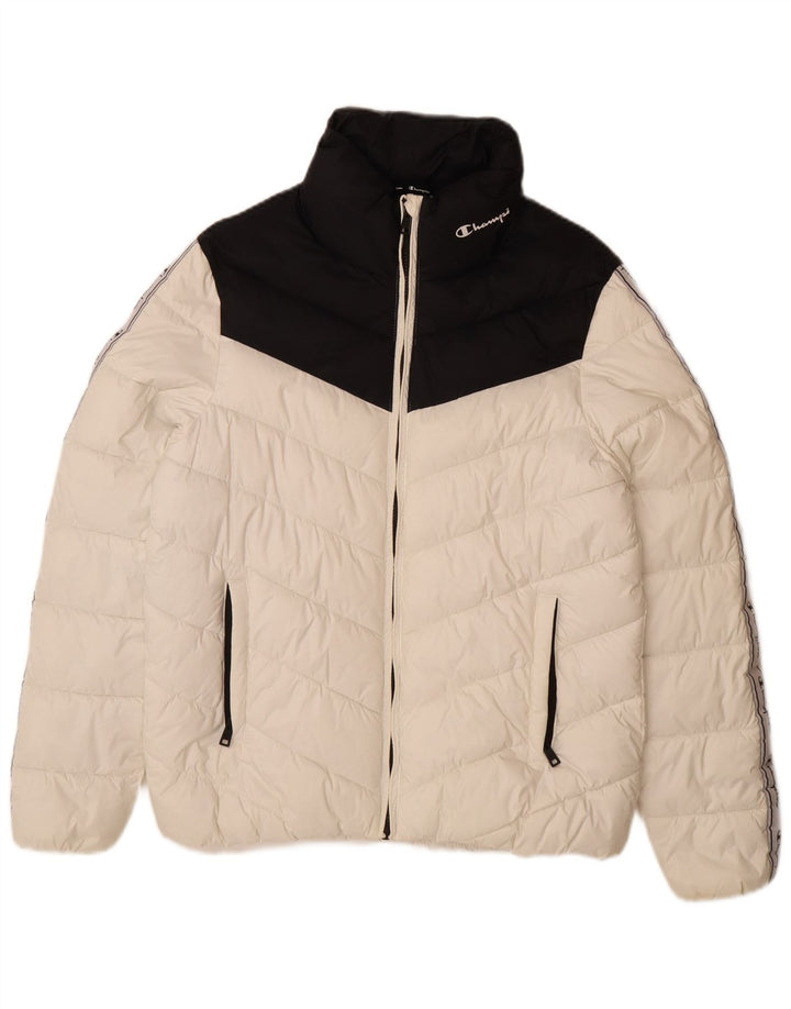 Damska kurtka Champion Graphic Padded Jacket UK 16, duża, biała, z blokami kolorów