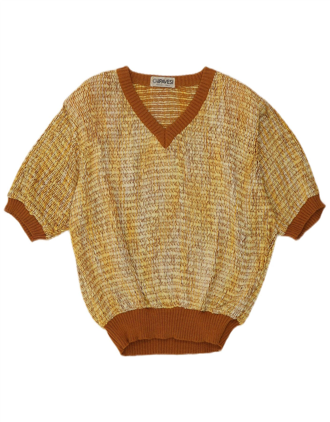 Vintage damski sweter z krótkim rękawem i dekoltem w kształcie litery V IT 44 średni żółty