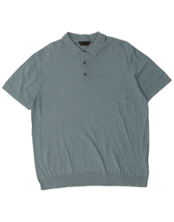 Marks & Spencer Męski sweter polo z krótkim rękawem XL, niebieski, bawełniany