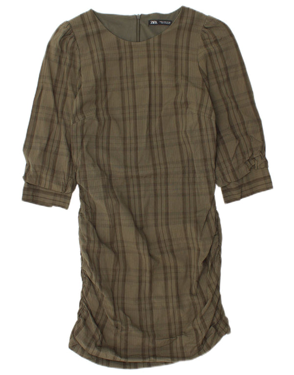 Damska sukienka typu shift z rękawem 3/4 Zara UK 12, średnia khaki, wiskoza w kratkę
