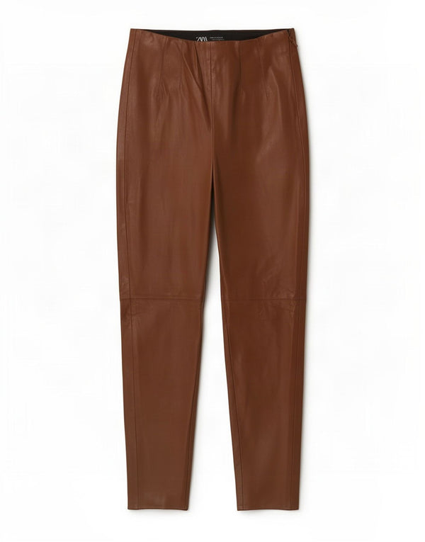 Spodnie damskie Zara Skinny ze sztucznej skóry, średnie W28 L26, brązowy poliester