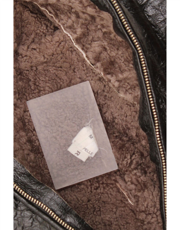 Vintage damska kurtka shearling UK 14, średnia czarna skóra
