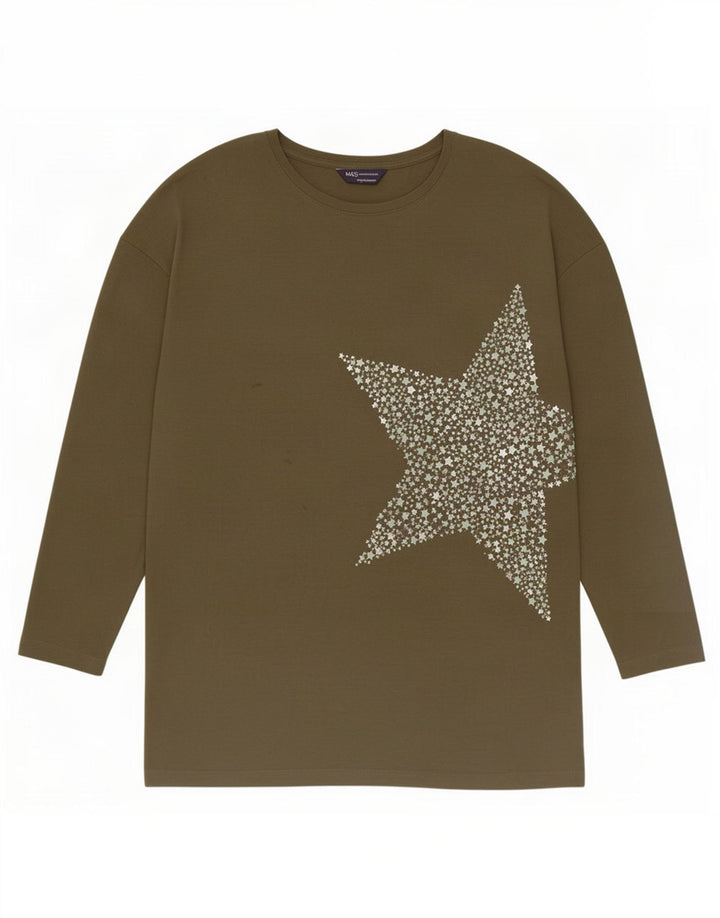 Marks & Spencer Damski top w abstrakcyjny wzór z długim rękawem, UK 14, duży khaki