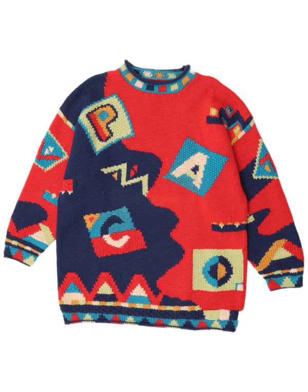 Sweter damski w stylu vintage z golfem UK 16, duży, czerwony, geometryczny Nowość