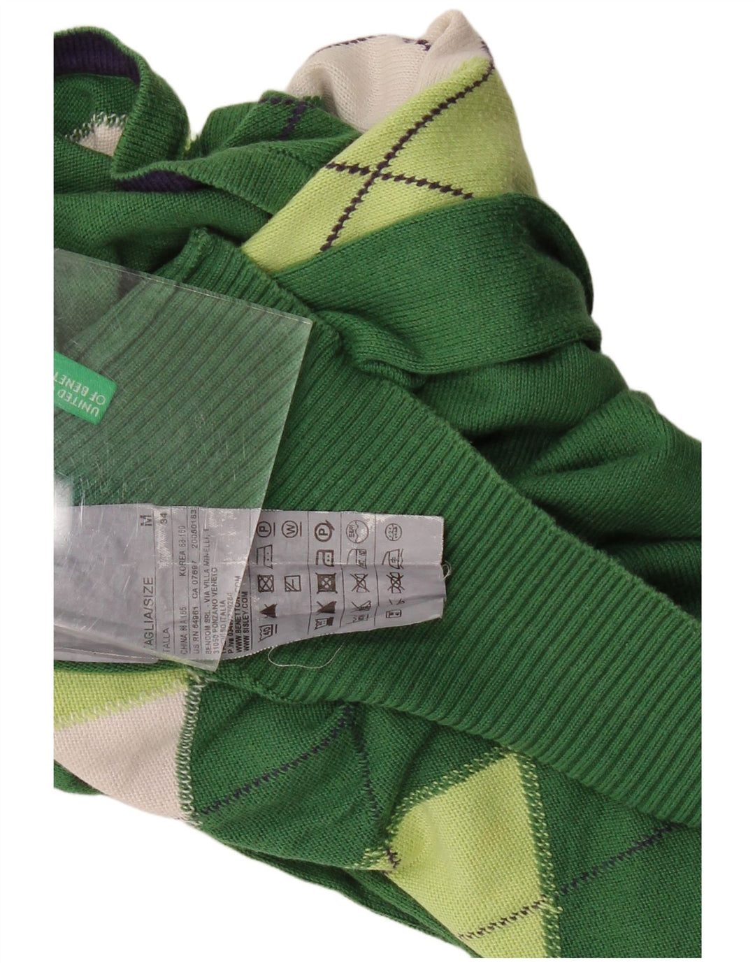 BENETTON Womens V-Neck Jumper Sweater UK 12 Medium Green Argyle/Diamond