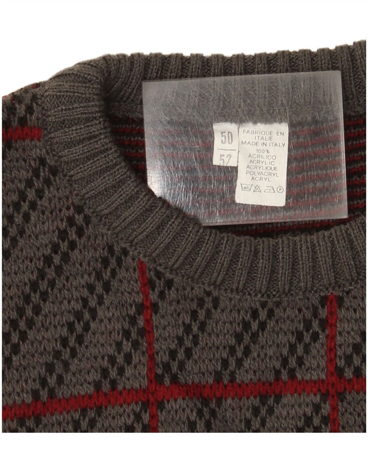 Vintage męski sweter z wycięciem pod szyją IT 50, średni szary, akryl w kratę