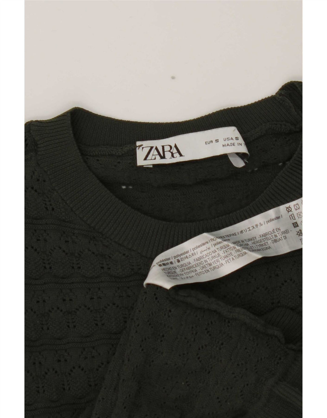 Damski top z krótkim rękawem Zara, krótki, falbany z przodu, z długim rękawem, UK 8, mały, khaki, poliester