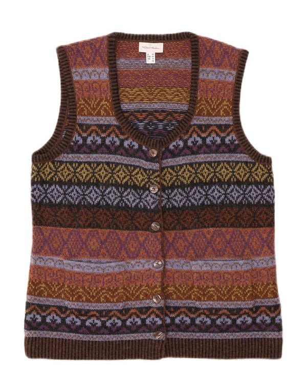 PETER HAHN Damski sweter rozpinany bez rękawów UK 16 Large Brown Fair Isle