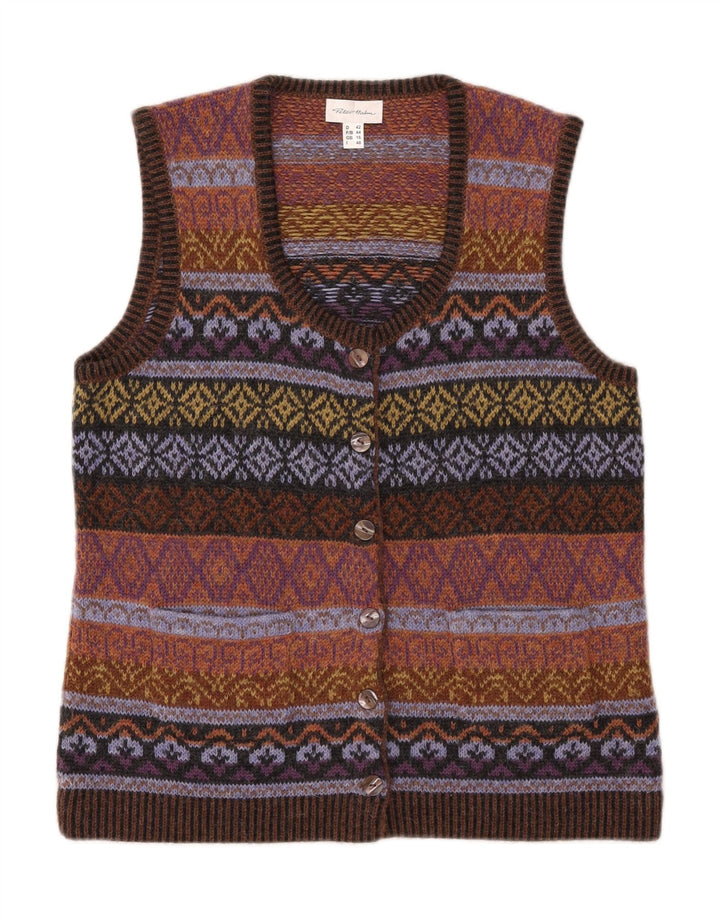 PETER HAHN Damski sweter rozpinany bez rękawów UK 16 Large Brown Fair Isle