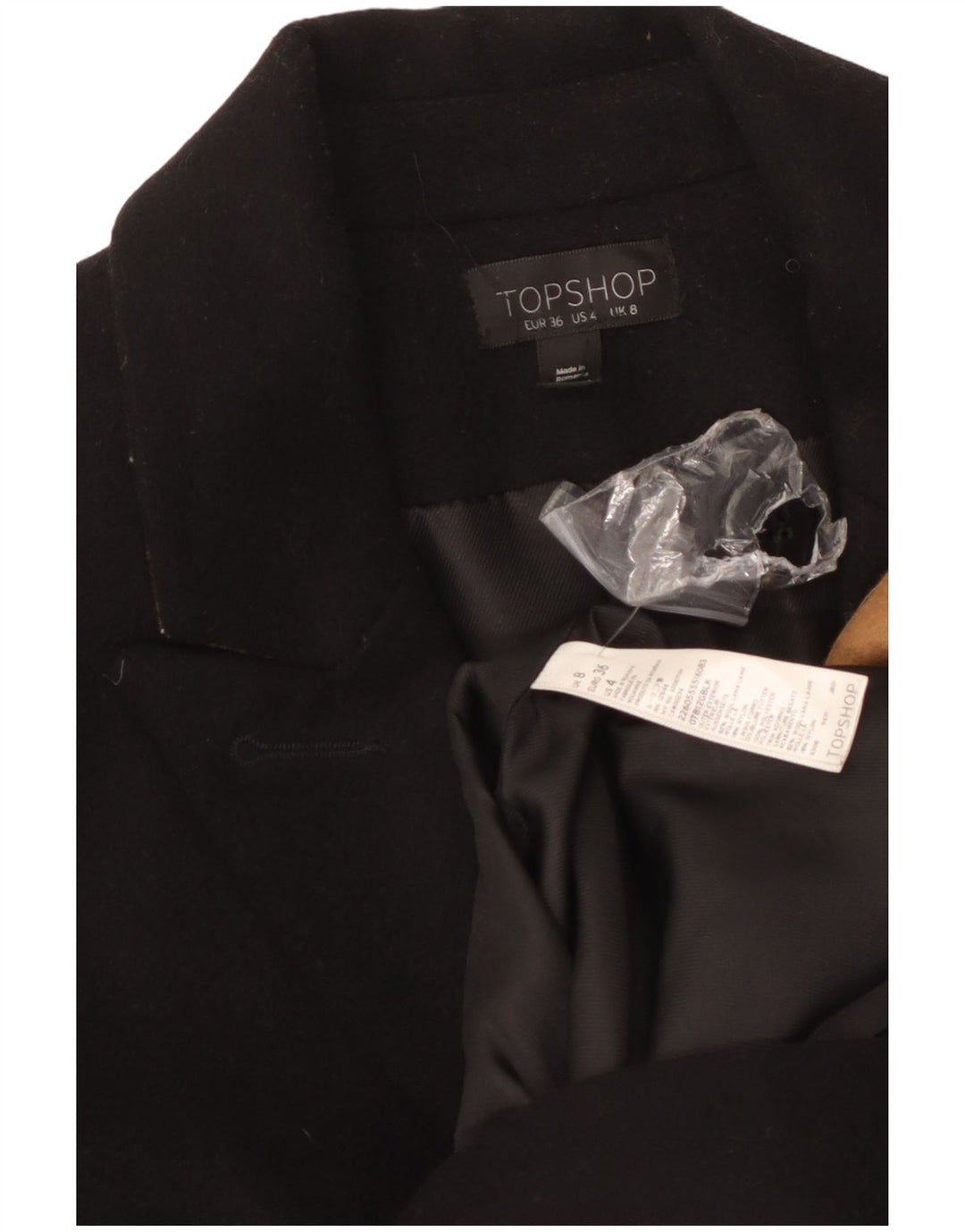 Topshop Płaszcz damski UK 8, mały, czarny, wełniany