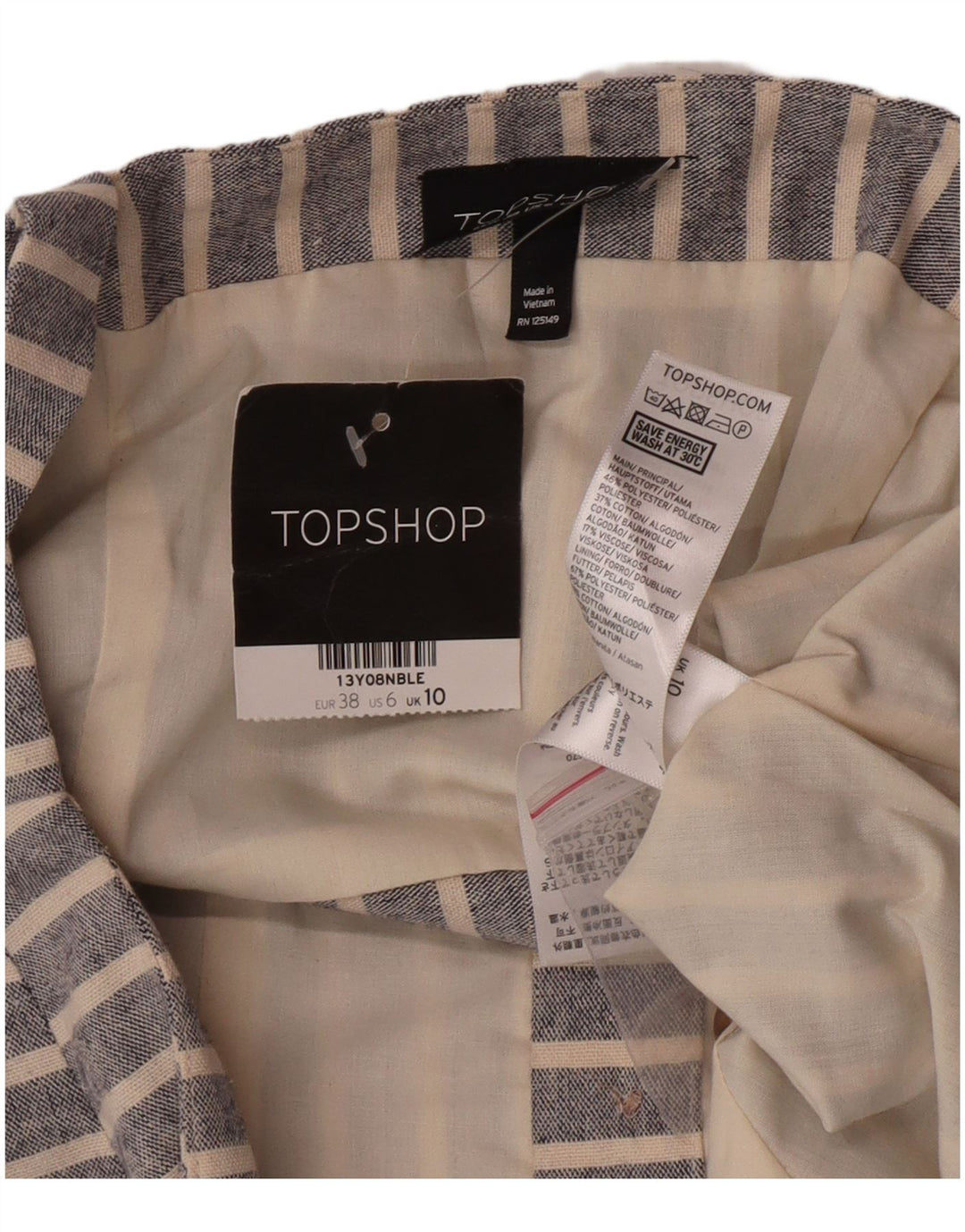 Topshop damski krótki top UK 10 z poliestru w małe niebieskie paski