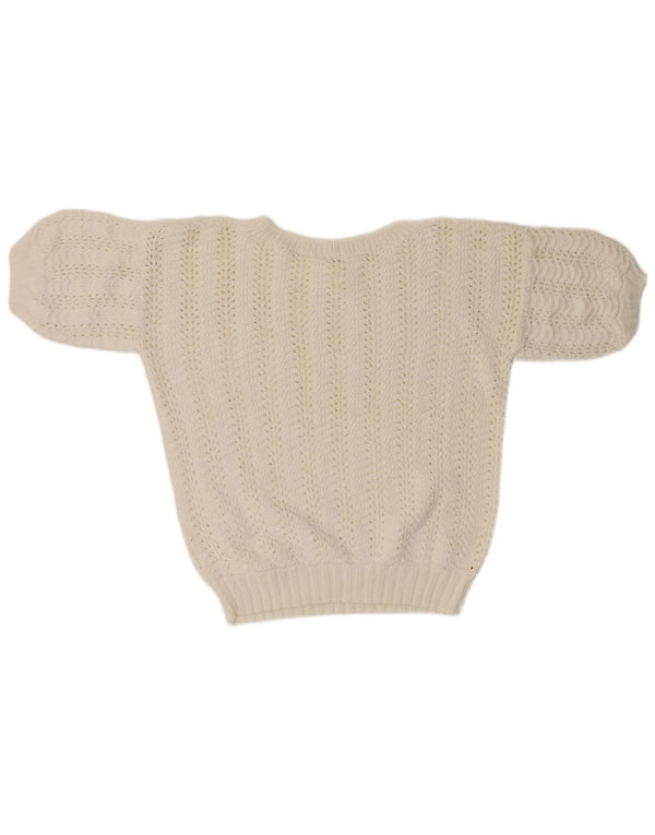 Damski sweter z krótkim rękawem i okrągłym dekoltem w stylu VINTAGE UK 14 Średni biały