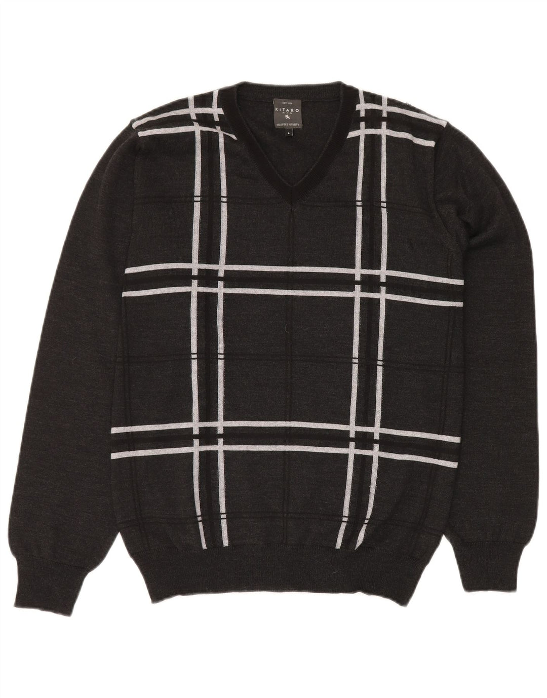 KITARO Męski sweter z dekoltem w kształcie litery V, duży, szary, wełniany w kratę