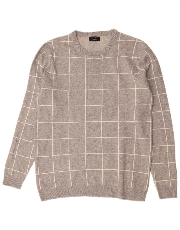 Męski sweter z okrągłym dekoltem Zara XL, szary nylon w kratkę