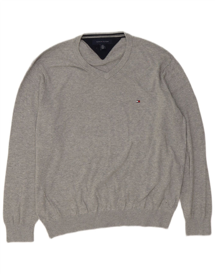 Męski sweter Tommy Hilfiger z dekoltem w kształcie litery V, duży, szary, bawełniany
