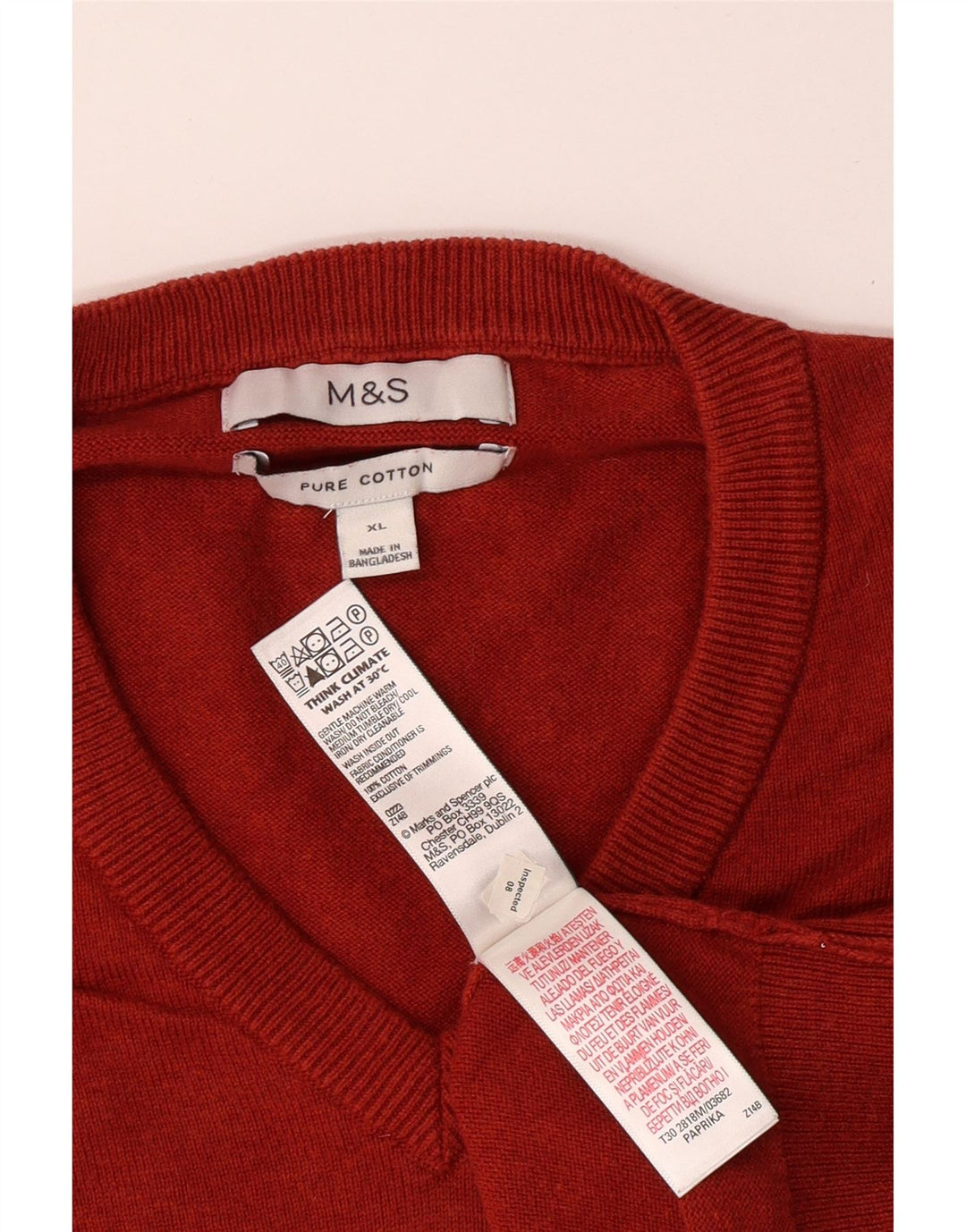 MARKS & SPENCER Męski sweter z dekoltem w kształcie litery V, XL, czerwony, bawełniany, klasyczny